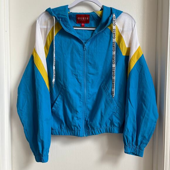 Guess Blue Colorblock Hooded Windbreaker women's Large - Picture 1 of 7